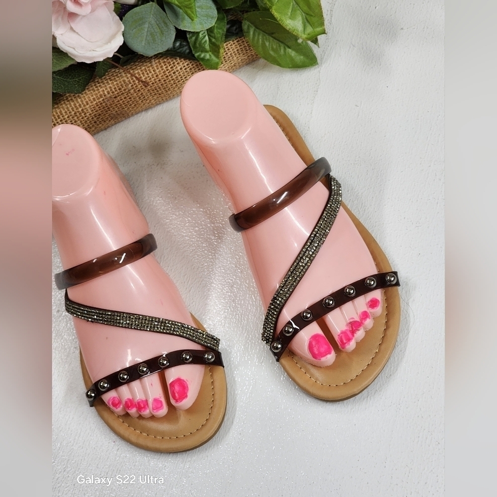 Brown Strappy Sandals with Metallic Accents